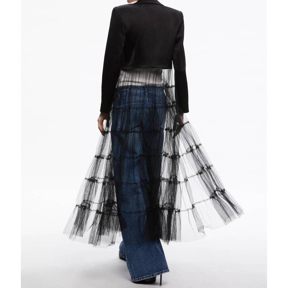 NEW ALICE + OLIVIA satin cropped blazer with tulle bottom in black - Picture 4 of 6